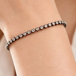 VTG Les Bernard Rhinestone Tennis Bracelet Black Tone Crystal Signed Adjustable